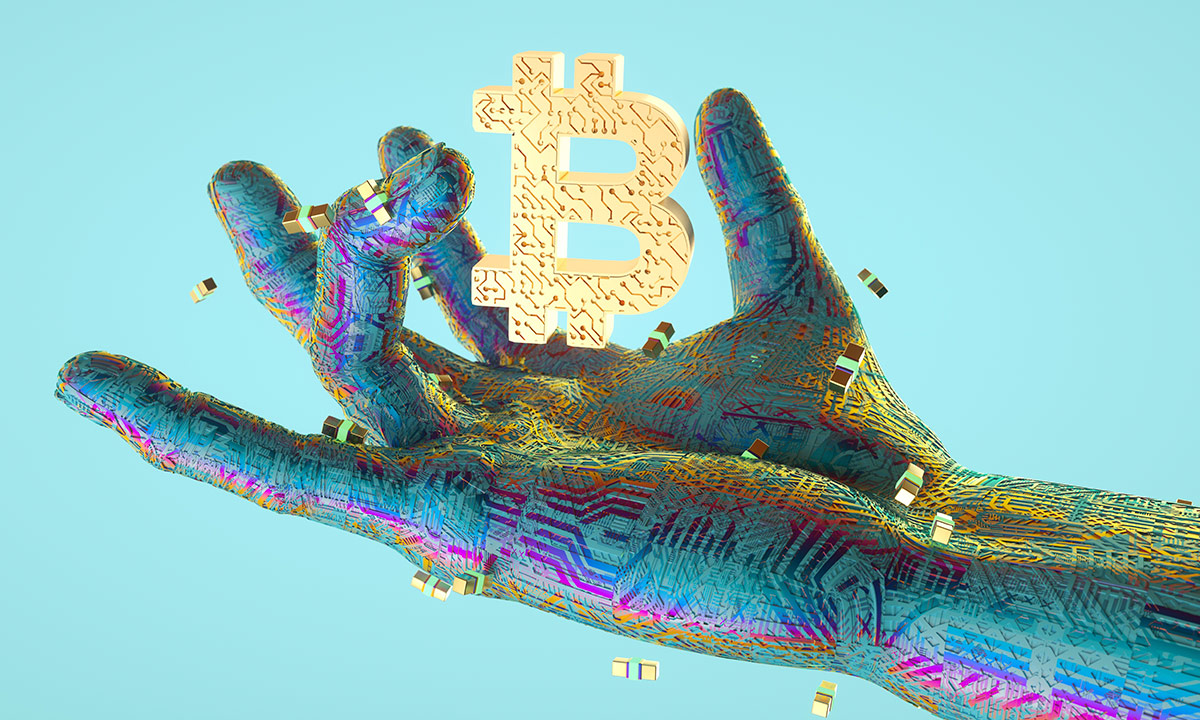 Illustration of a hand holding a bitcoin